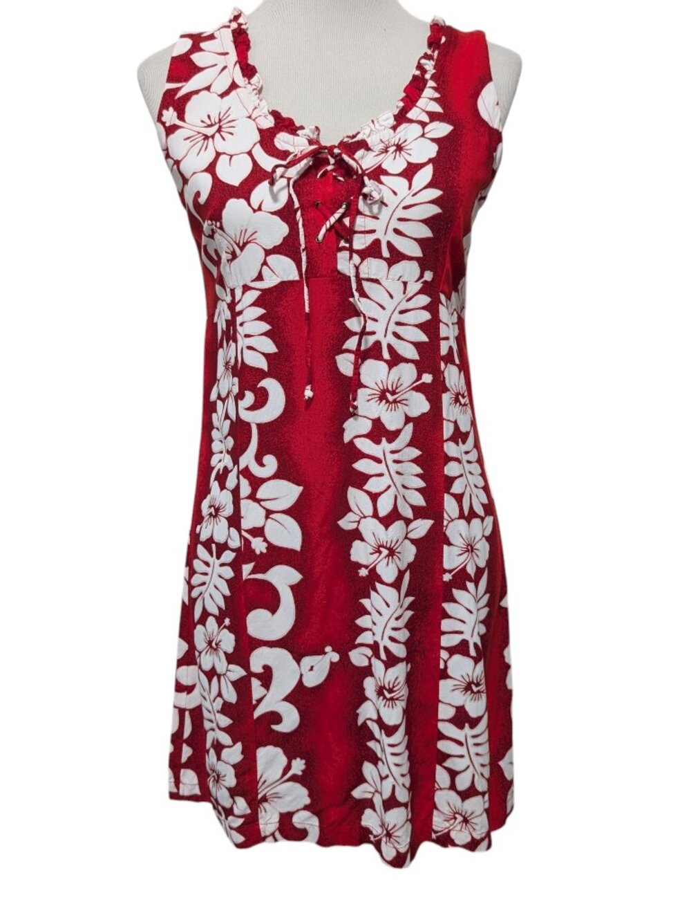 Royal Creations Womens Sz M Red White Hibiscus Lace Up Ruffles Sleeveless Dress